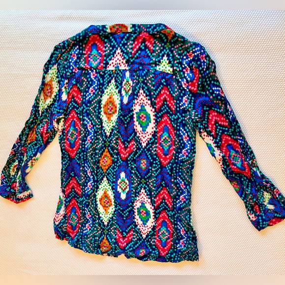 MAEVE Anthropologie Topoxte Drop Waist Geometric Ikat Multicolor Blouse Top - Picture 9 of 14